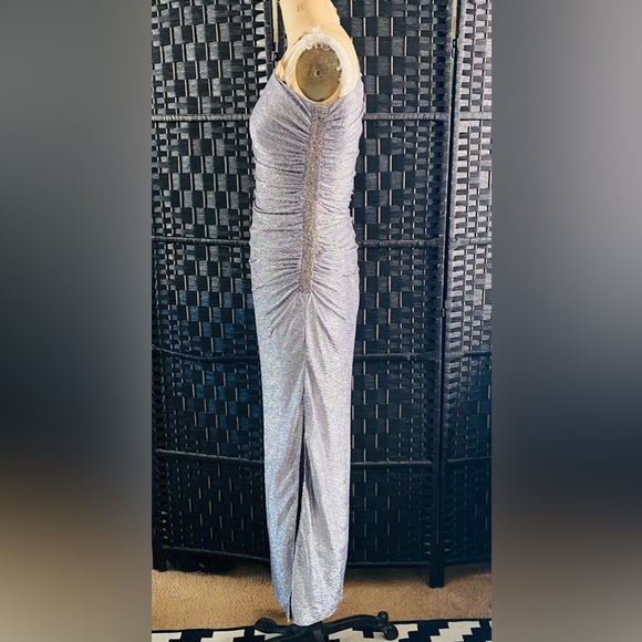 Silver stretch Metallic inside line one shoulder side rhinestones dress - Picture 2 of 3